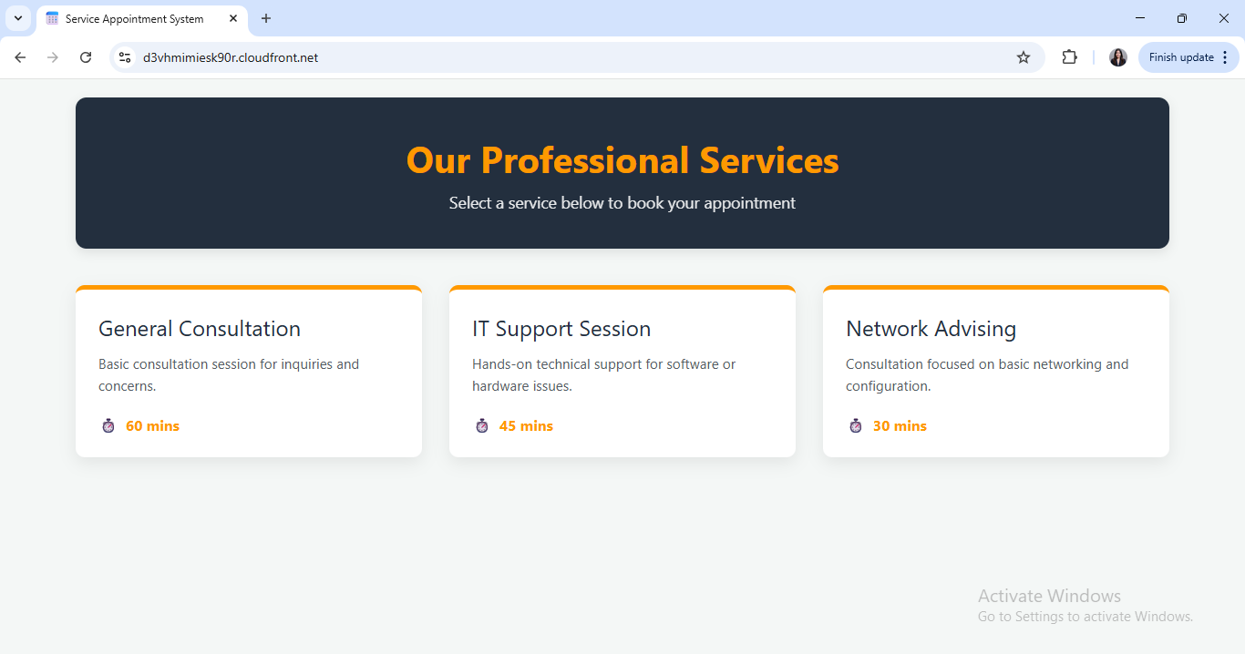 Serverless Service Appointment System interface delivered through CloudFront